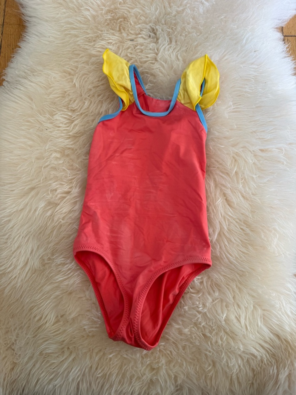 Patagonia Kids One-Piece Swimsuit in Coral with Yellow and Blue Trim